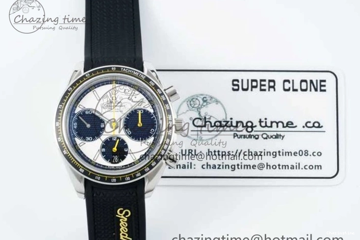 0706 TopPick Speedmaster Racing Master SS HKF Best Edition White Black Dial on Black Rubber Strap A 7813